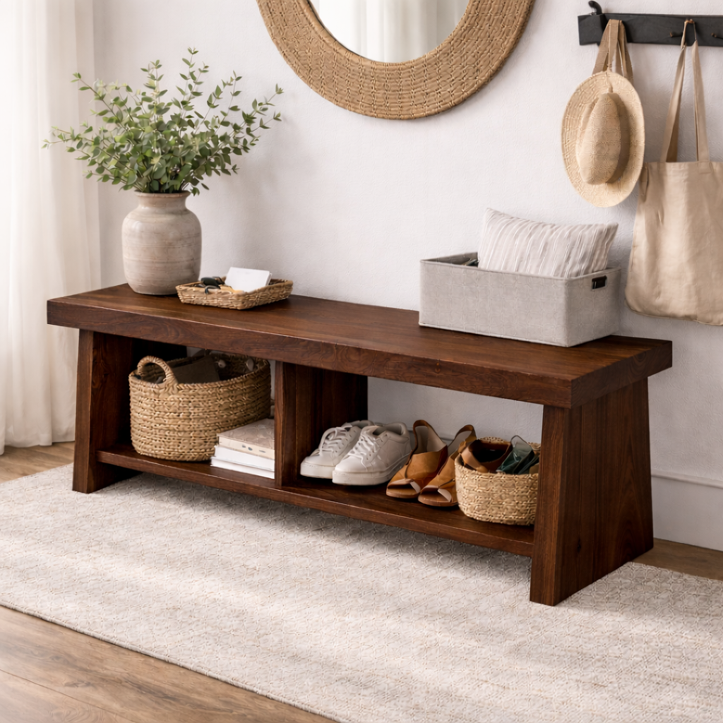 Solid Wood Entryway Bench with Storage | Rustic Hallway Bench with Open Shelves - view 2 of 7
