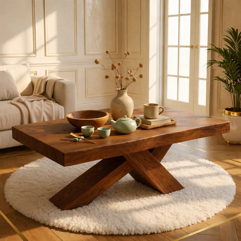 Rustic Solid Wood Coffee Table with X-shaped Legs and Natural Finish - view 3 of 7