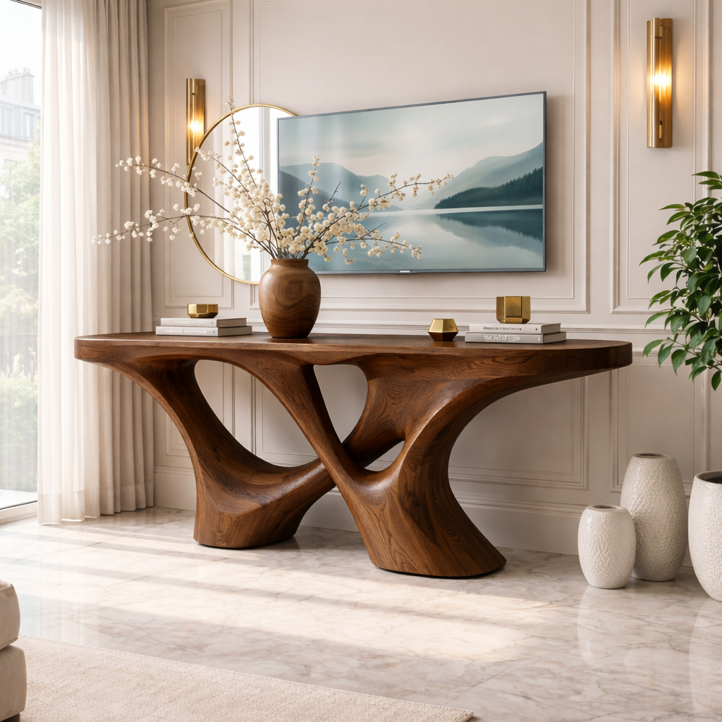 Solid Wood Console Table with Sculpted Curved Base, Artistic Modern Design - view 3 of 7