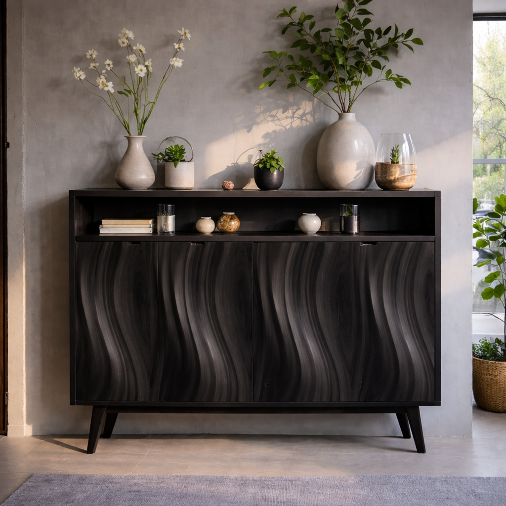Modern Solid Wood Console Cabinet with Open Shelf and Sculpted Wood Doors - view 4 of 7