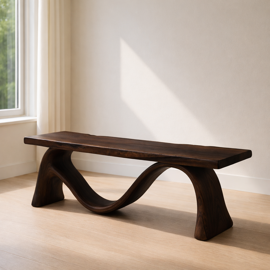 Solid Wood Bench with Sculptural Curved Base – Modern Entryway or Living Room Bench - view 2 of 7