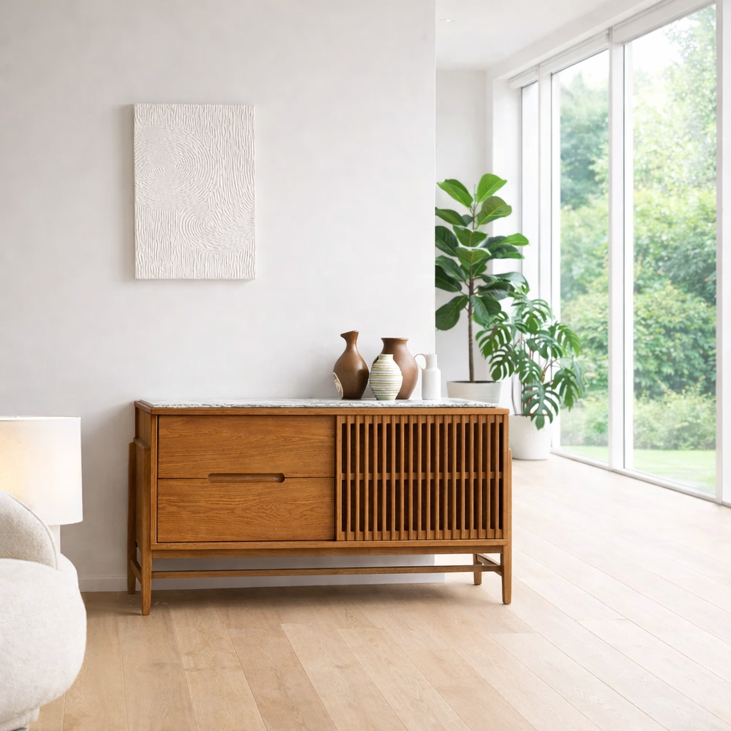 Modern Sideboard Cabinet with Slatted Door and Drawer – Minimal Storage Console - view 3 of 7