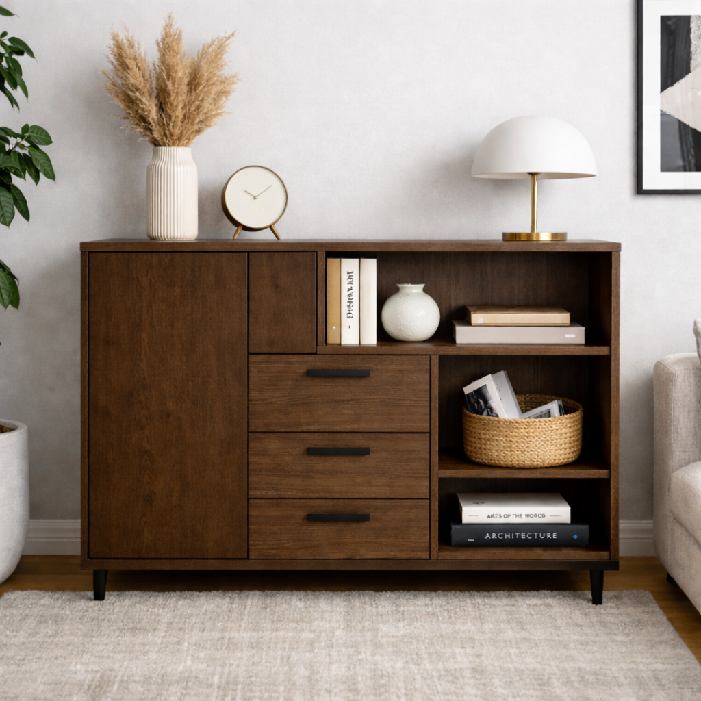Modern Solid Wood Console Cabinet with Drawers, Door & Open Shelf Storage - view 2 of 7