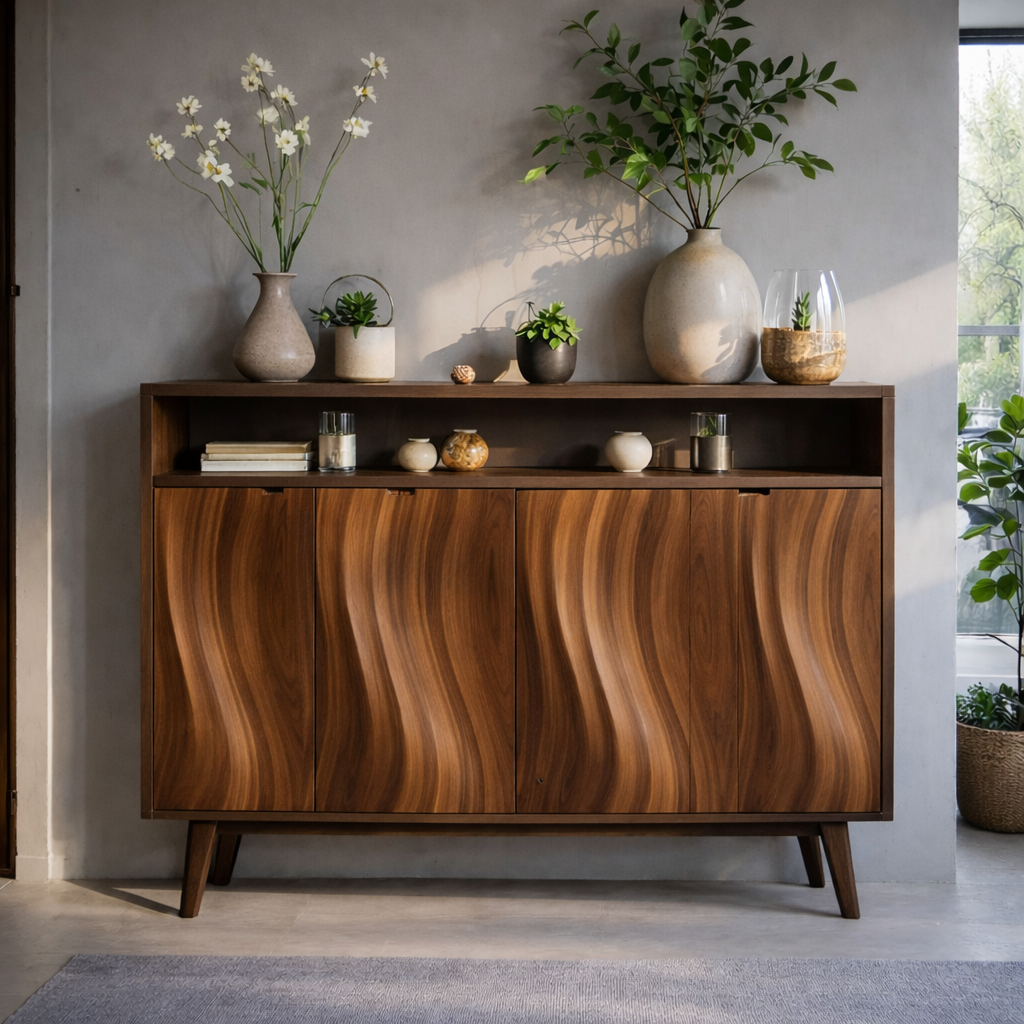 Modern Solid Wood Console Cabinet with Open Shelf and Sculpted Wood Doors - view 2 of 7