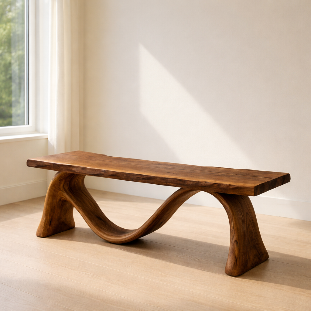 Solid Wood Bench with Sculptural Curved Base – Modern Entryway or Living Room Bench - view 3 of 7