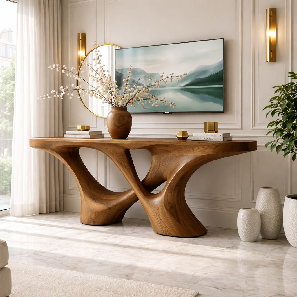 Solid Wood Console Table with Sculpted Curved Base, Artistic Modern Design - view 2 of 7