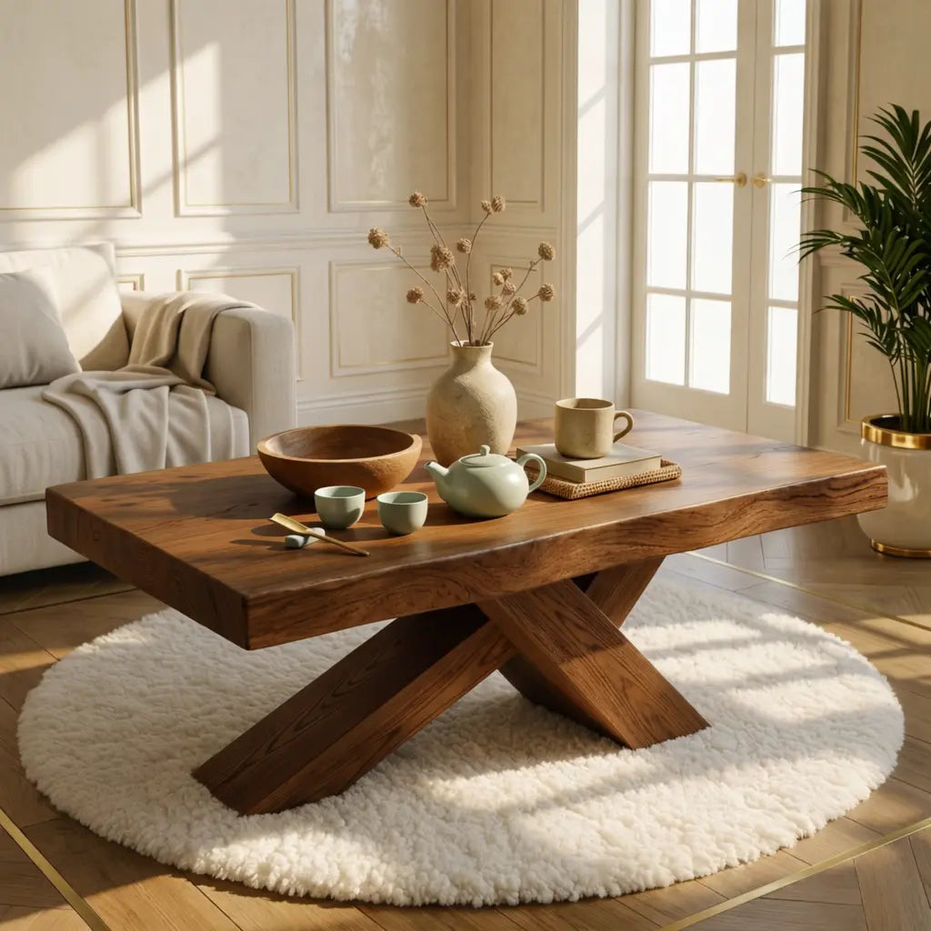 Rustic Solid Wood Coffee Table with X-shaped Legs and Natural Finish - view 2 of 7