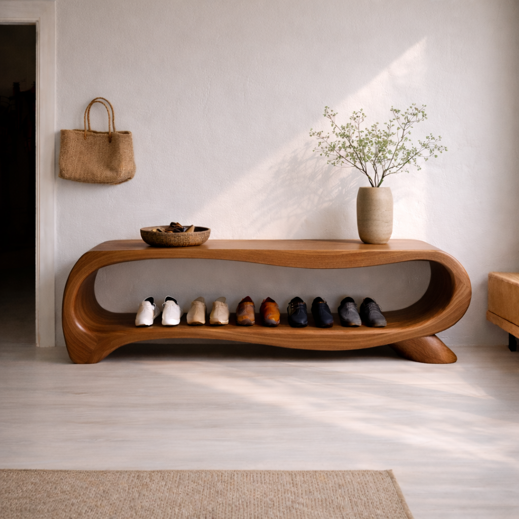 Modern Solid Wood Entryway Bench with Shoe Storage Shelf – Curved Wooden Shoe Rack Bench - view 3 of 7