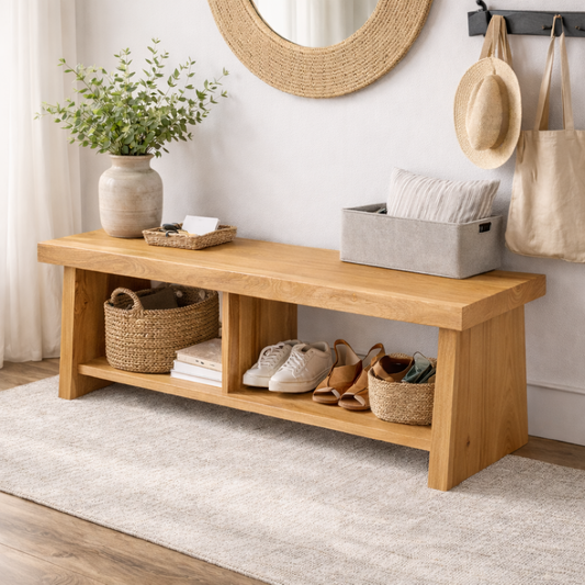 Solid Wood Entryway Bench with Storage | Rustic Hallway Bench with Open Shelves - view 1 of 7