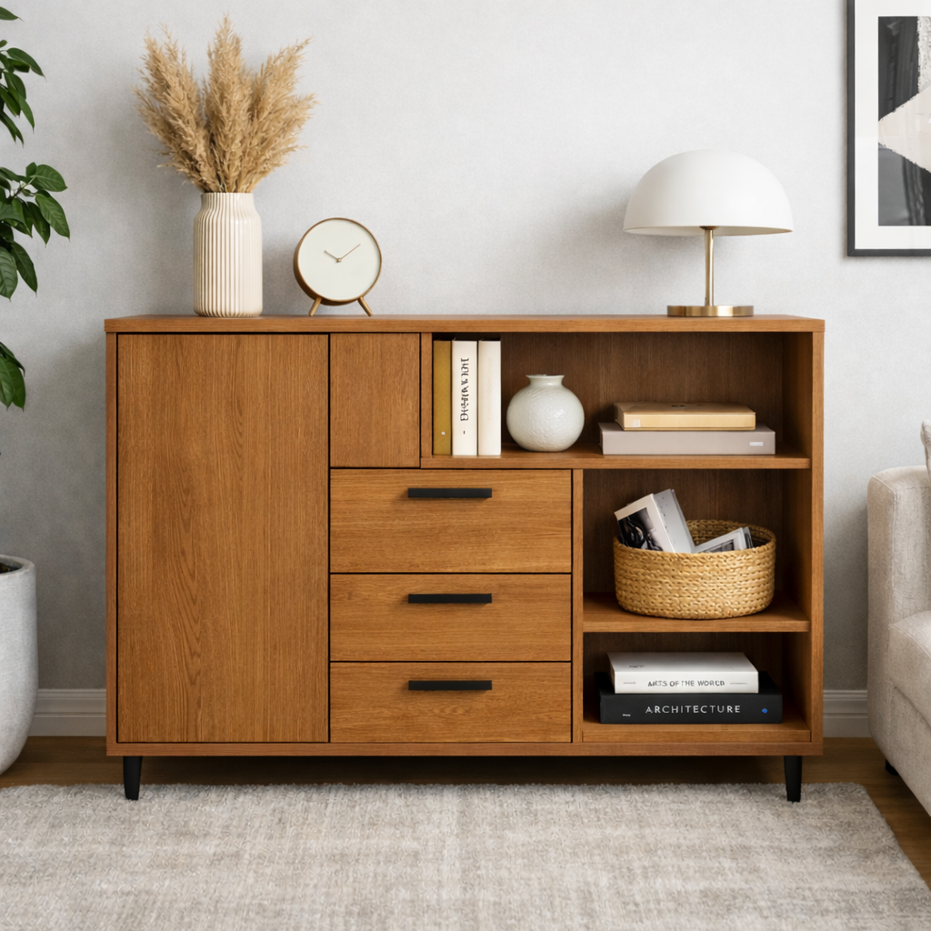 Modern Solid Wood Console Cabinet with Drawers, Door & Open Shelf Storage - view 3 of 7