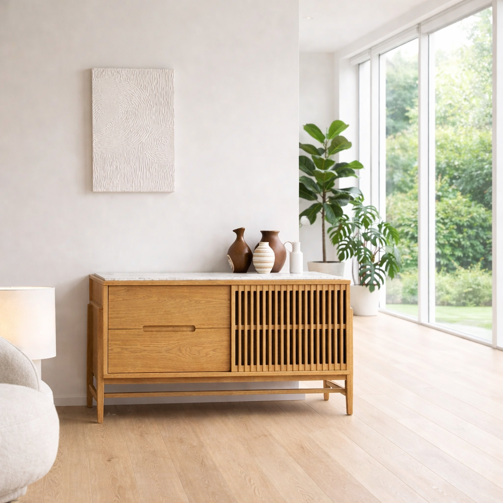 Modern Sideboard Cabinet with Slatted Door and Drawer – Minimal Storage Console - view 1 of 7