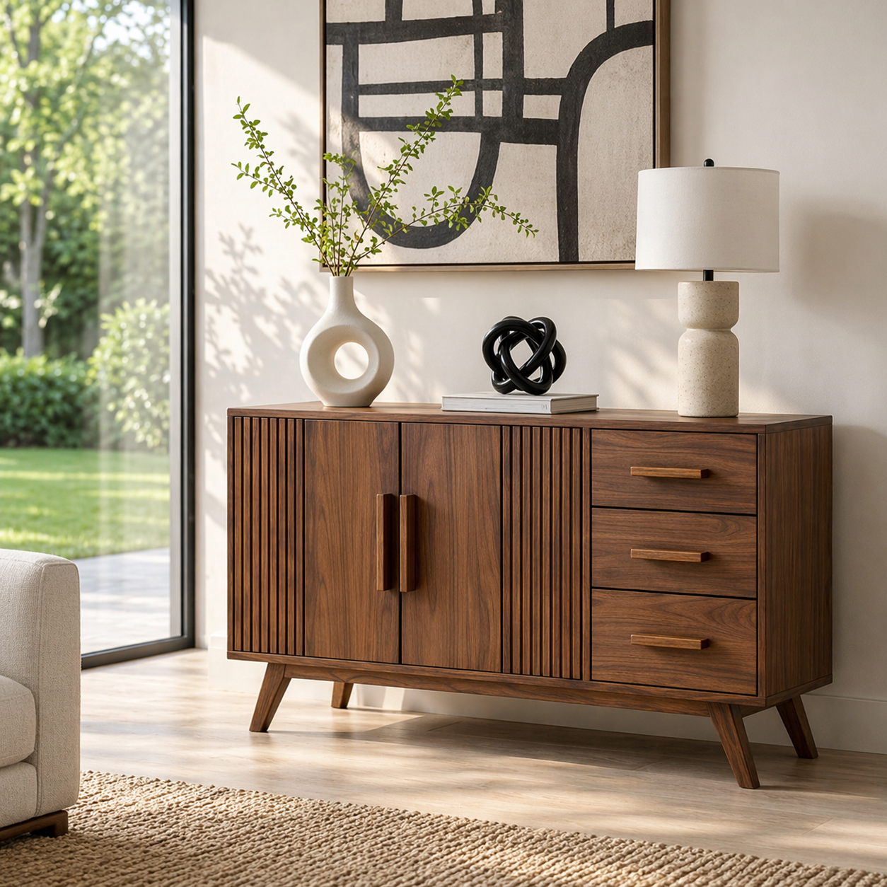 Solid Wood Console Sideboard with Slatted Design – Modern Walnut Storage Cabinet - view 2 of 7