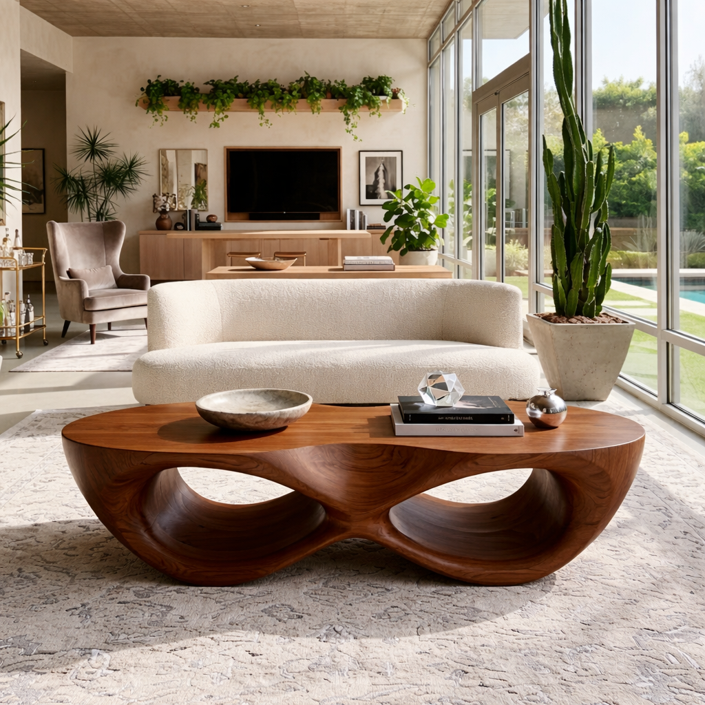Modern Wooden Coffee Table with Elegant Curved Double Design - view 3 of 7