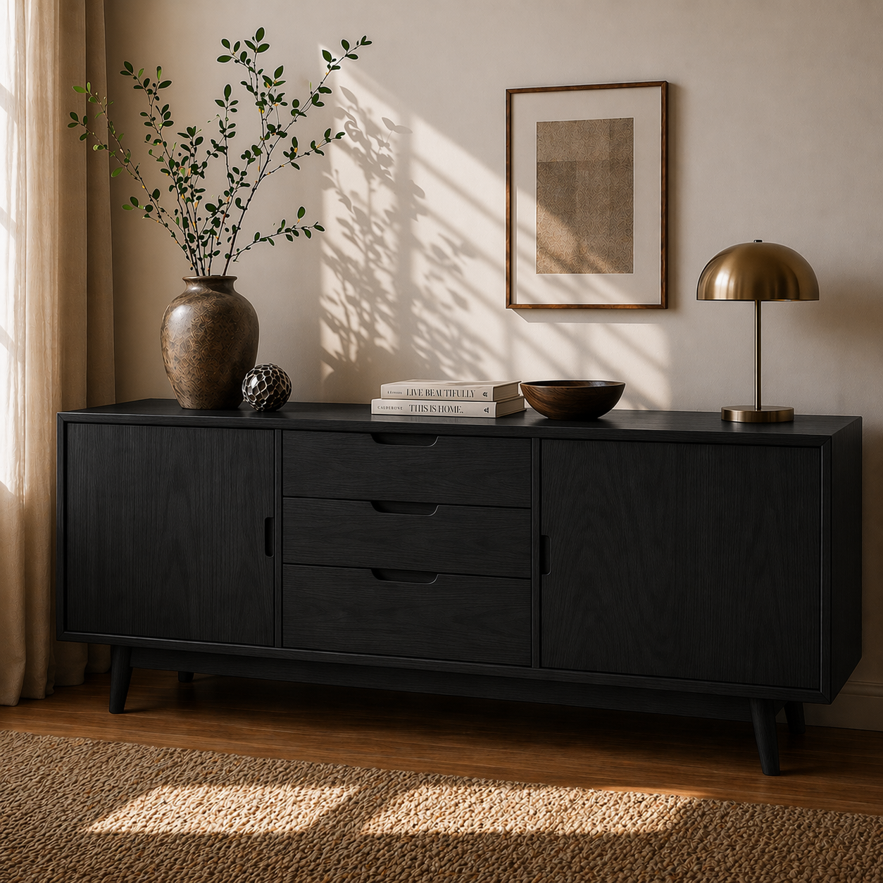 Mid Century Solid Wood Sideboard Cabinet with Drawers & Doors Storage - view 4 of 7