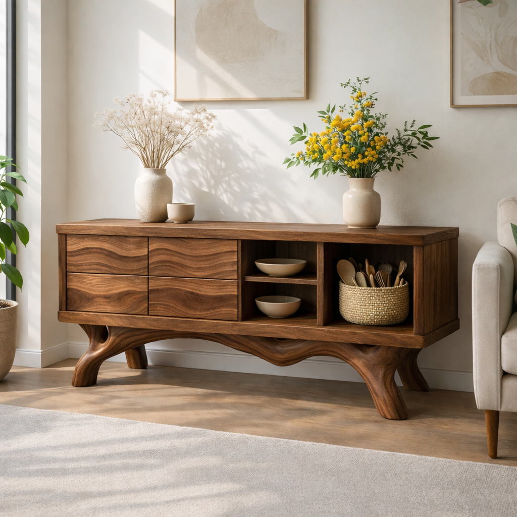 Modern Solid Wood Sideboard Cabinet, Oak Buffet Storage Console with Shelves and Drawers - view 6 of 7
