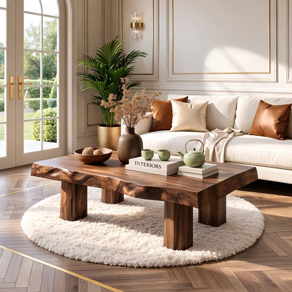 Handcrafted Wooden Coffee Table with Thick Pillar Legs and Natural Finish - view 2 of 7