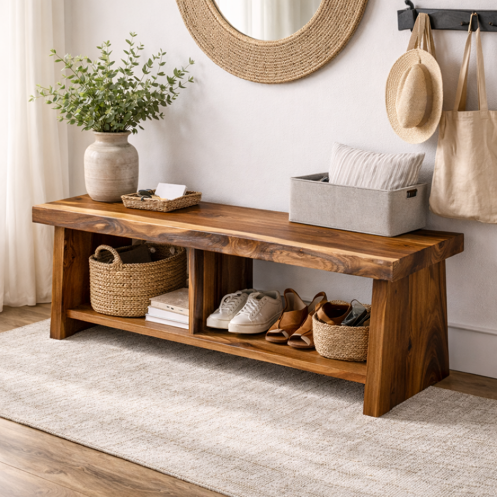 Solid Wood Entryway Bench with Storage | Rustic Hallway Bench with Open Shelves - view 3 of 7