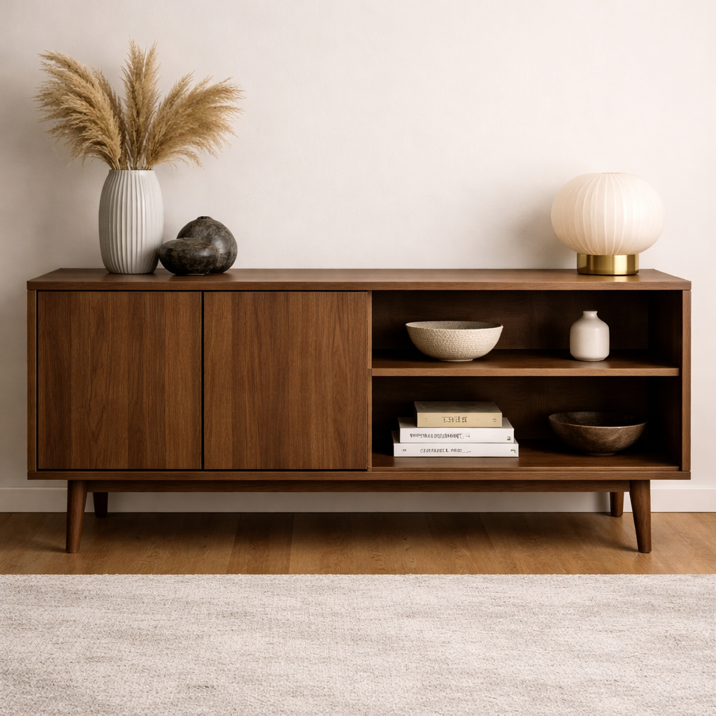 Minimalist Solid Wood Console Cabinet with Sliding Door and Open Shelf - view 2 of 7