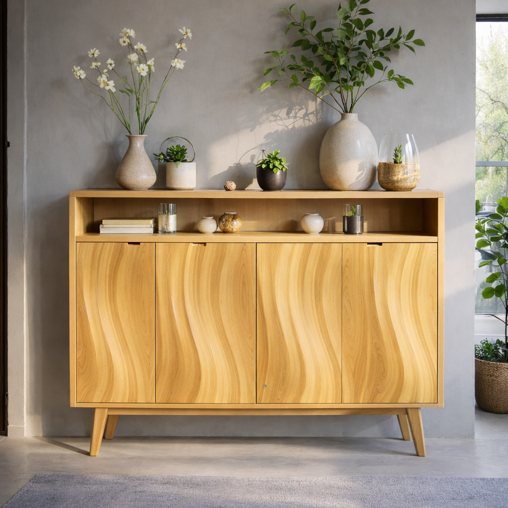 Modern Solid Wood Console Cabinet with Open Shelf and Sculpted Wood Doors - view 1 of 7