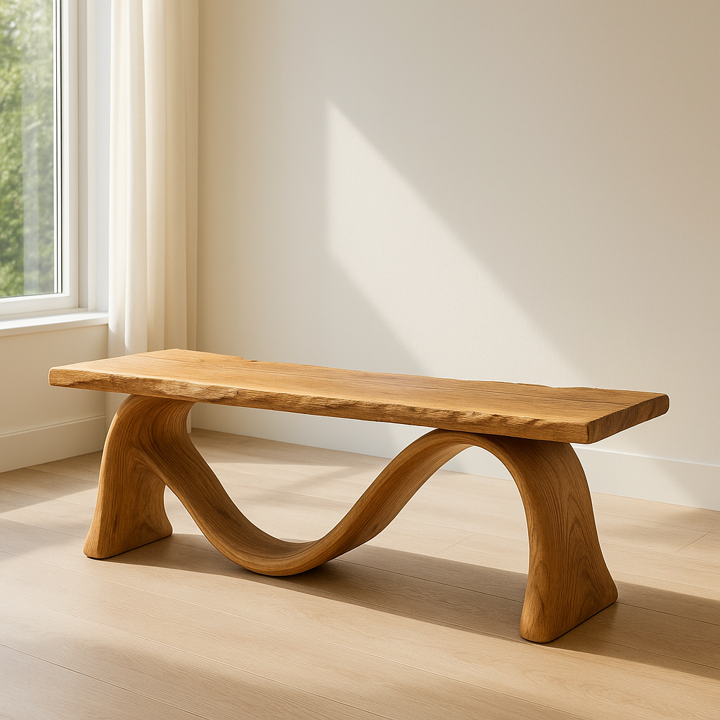 Solid Wood Bench with Sculptural Curved Base – Modern Entryway or Living Room Bench - view 1 of 7
