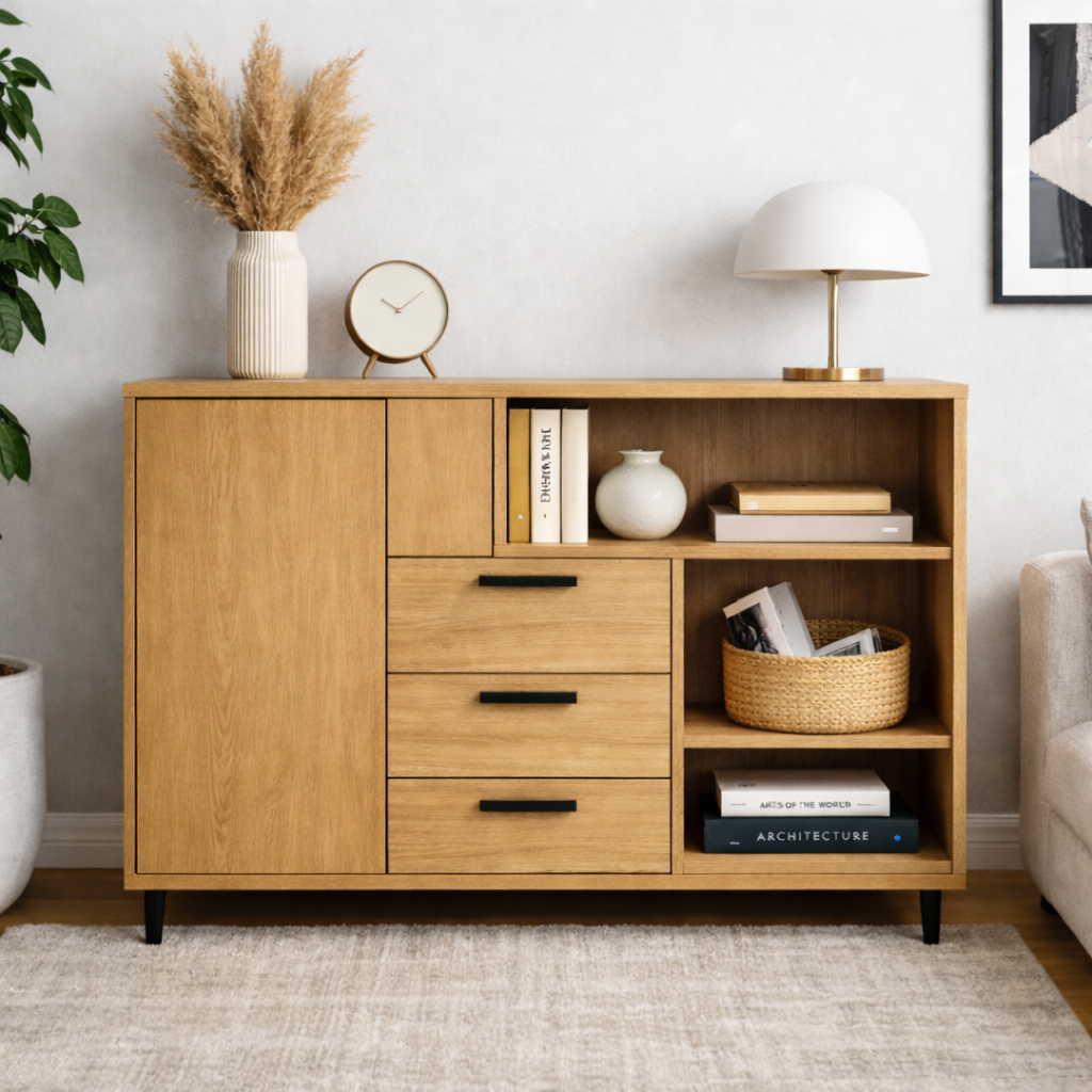 Modern Solid Wood Console Cabinet with Drawers, Door & Open Shelf Storage - view 1 of 7