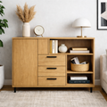 Modern Solid Wood Console Cabinet with Drawers, Door & Open Shelf Storage - view 1 of 7