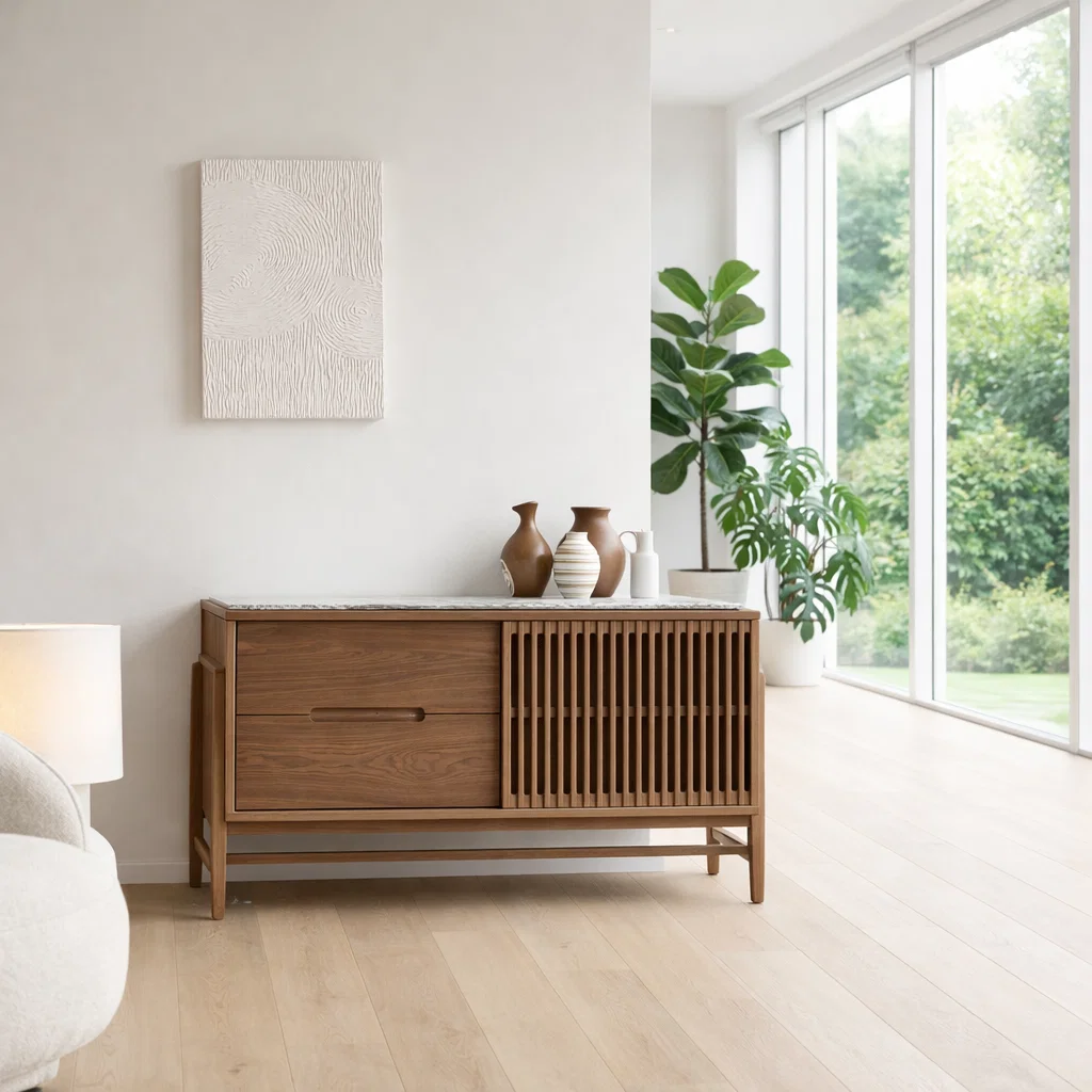 Modern Sideboard Cabinet with Slatted Door and Drawer – Minimal Storage Console - view 2 of 7