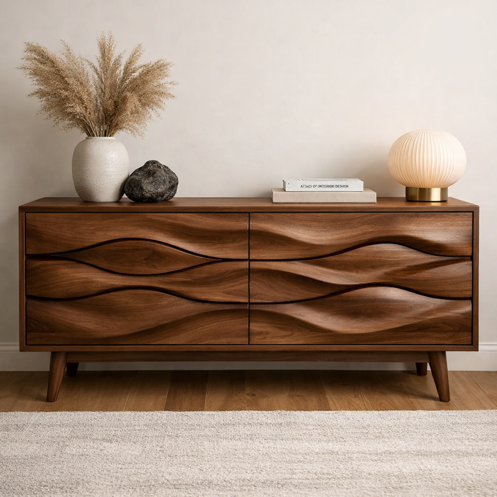 Solid Wood Wave Carved Console Cabinet – Modern Sculptural Sideboard - view 2 of 7