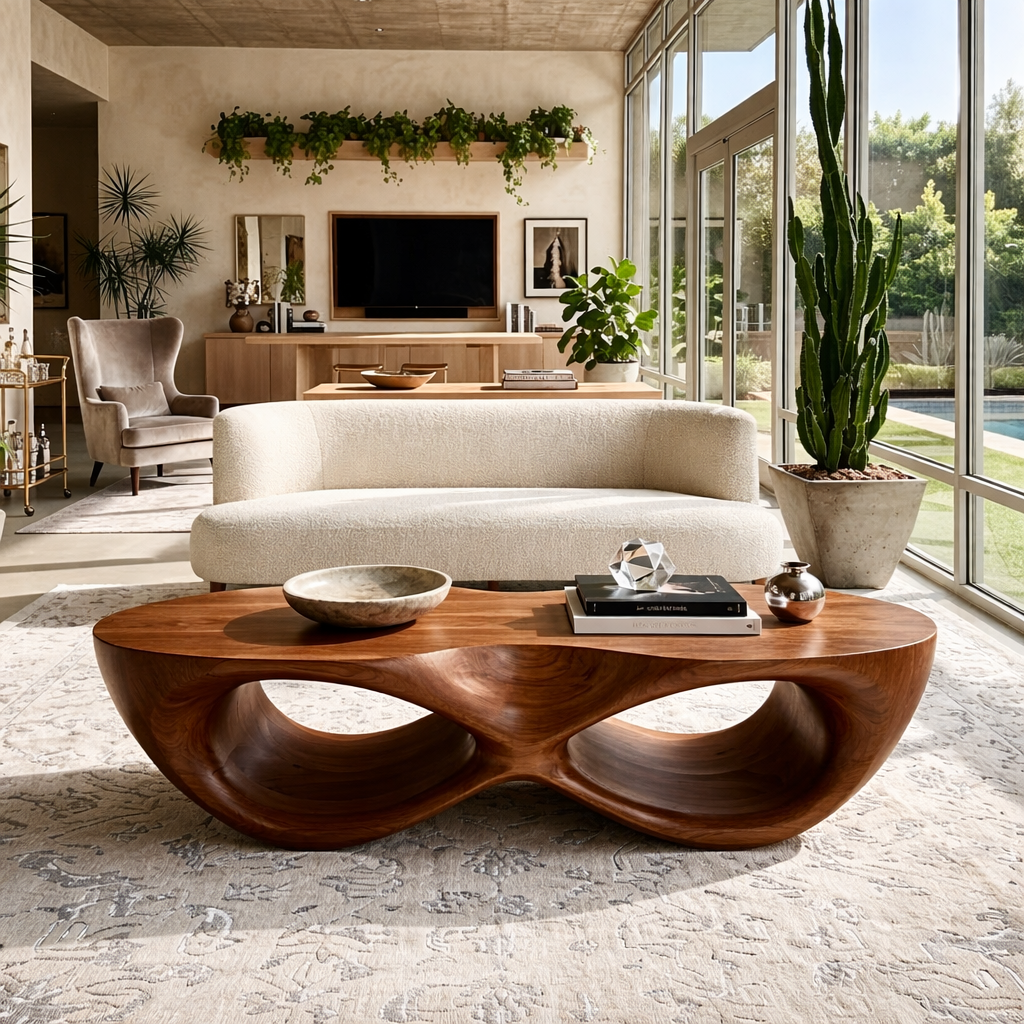 Modern Wooden Coffee Table with Elegant Curved Double Design - view 2 of 7