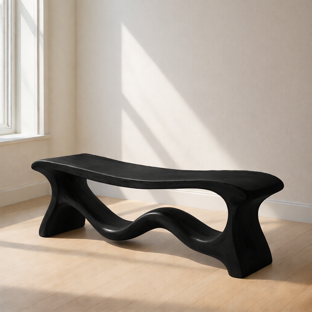 Modern Solid Wood Bench with Artistic Wave Base – Minimalist Wooden Bench - view 4 of 7