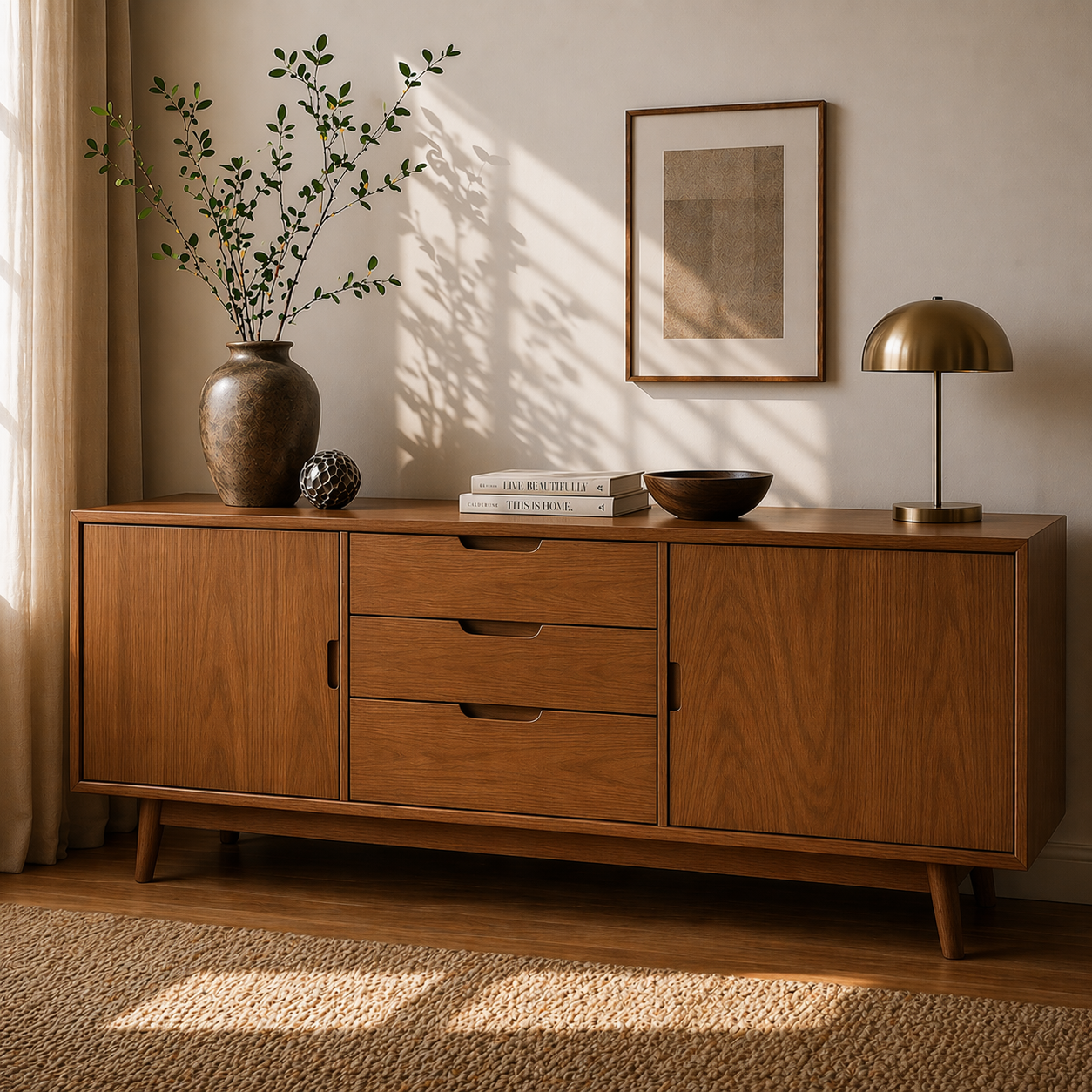 Mid Century Solid Wood Sideboard Cabinet with Drawers & Doors Storage - view 3 of 7