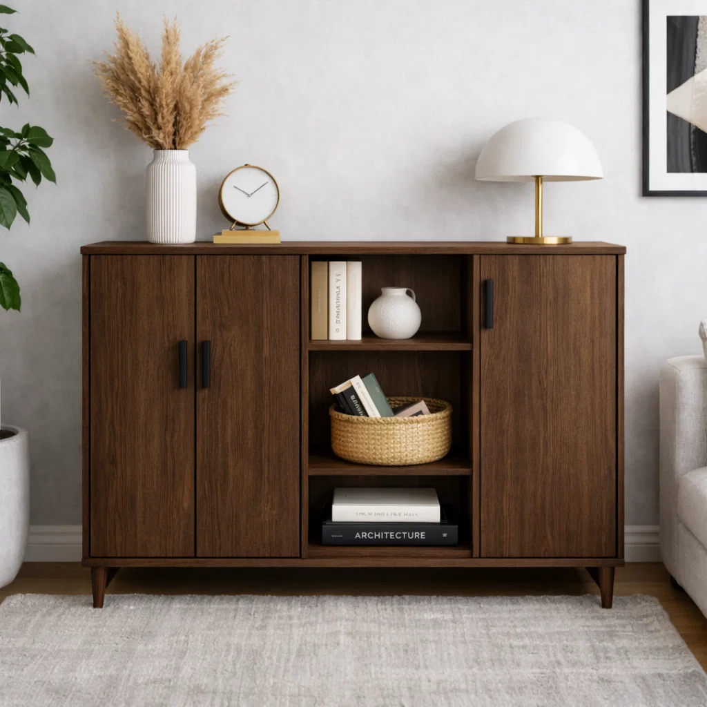 Solid Wood Console Cabinet with Double Doors & Open Shelf Storage – Modern Design - view 2 of 7