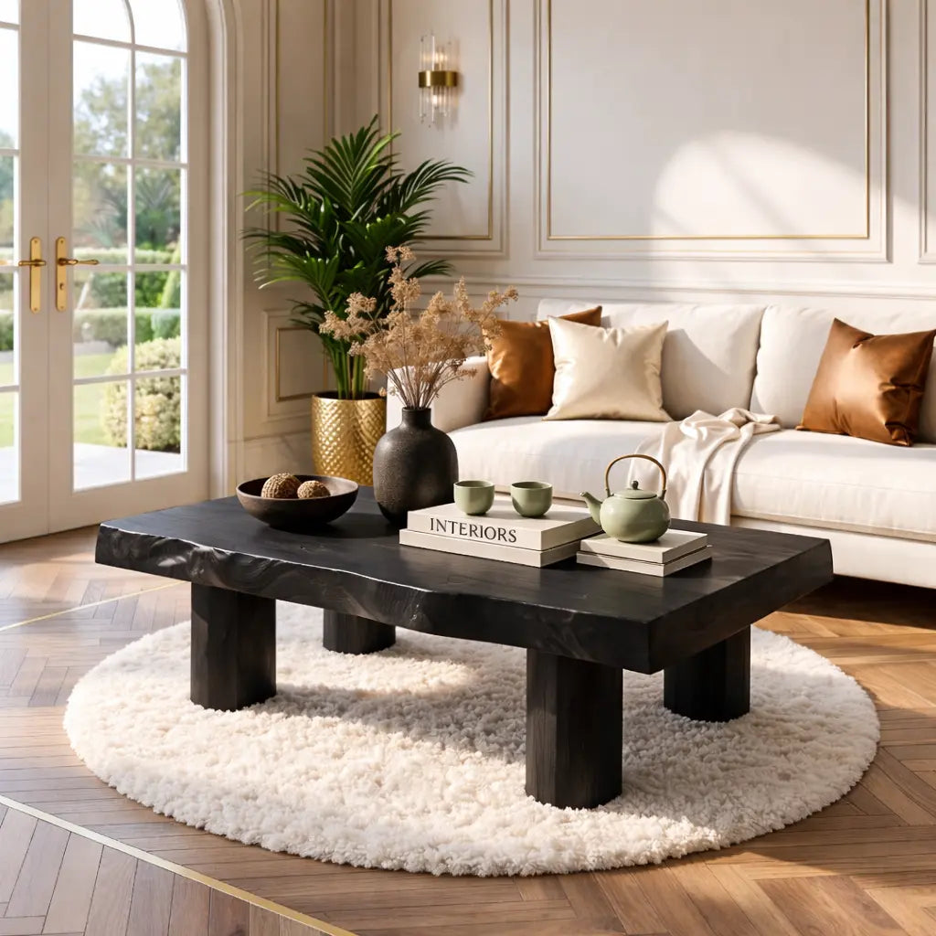 Handcrafted Wooden Coffee Table with Thick Pillar Legs and Natural Finish - view 4 of 7