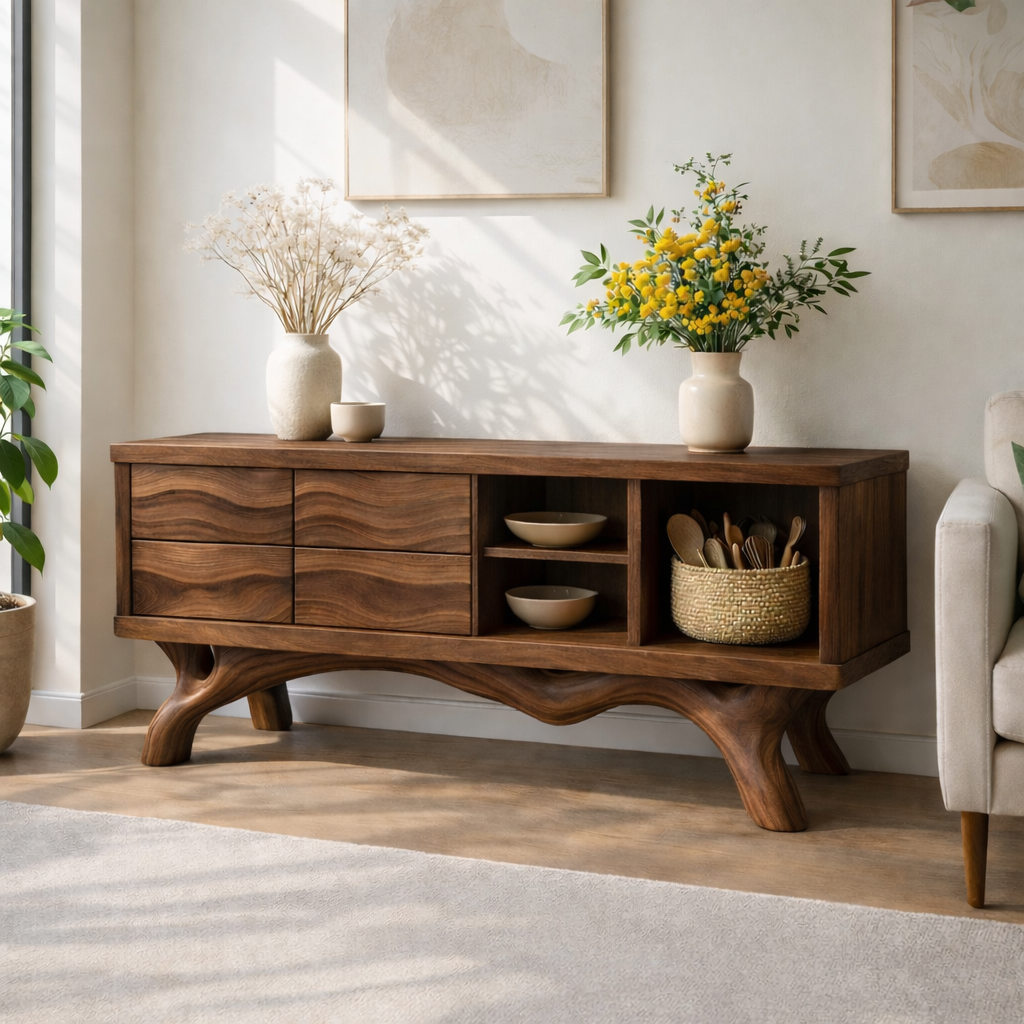 Modern Solid Wood Sideboard Cabinet, Oak Buffet Storage Console with Shelves and Drawers - view 5 of 7