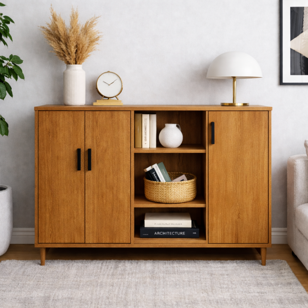 Solid Wood Console Cabinet with Double Doors & Open Shelf Storage – Modern Design - view 3 of 7