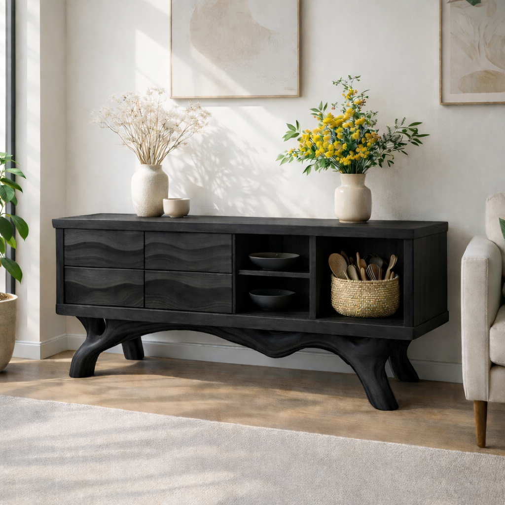 Modern Solid Wood Sideboard Cabinet, Oak Buffet Storage Console with Shelves and Drawers - view 7 of 7