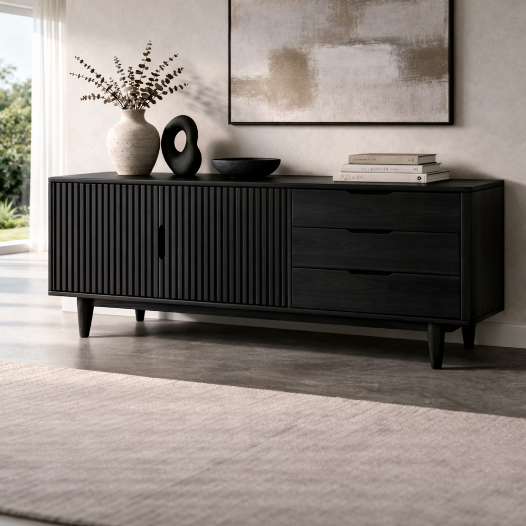 Fluted Solid Wood Console Cabinet with Drawers – Mid Century Storage Sideboard - view 4 of 7