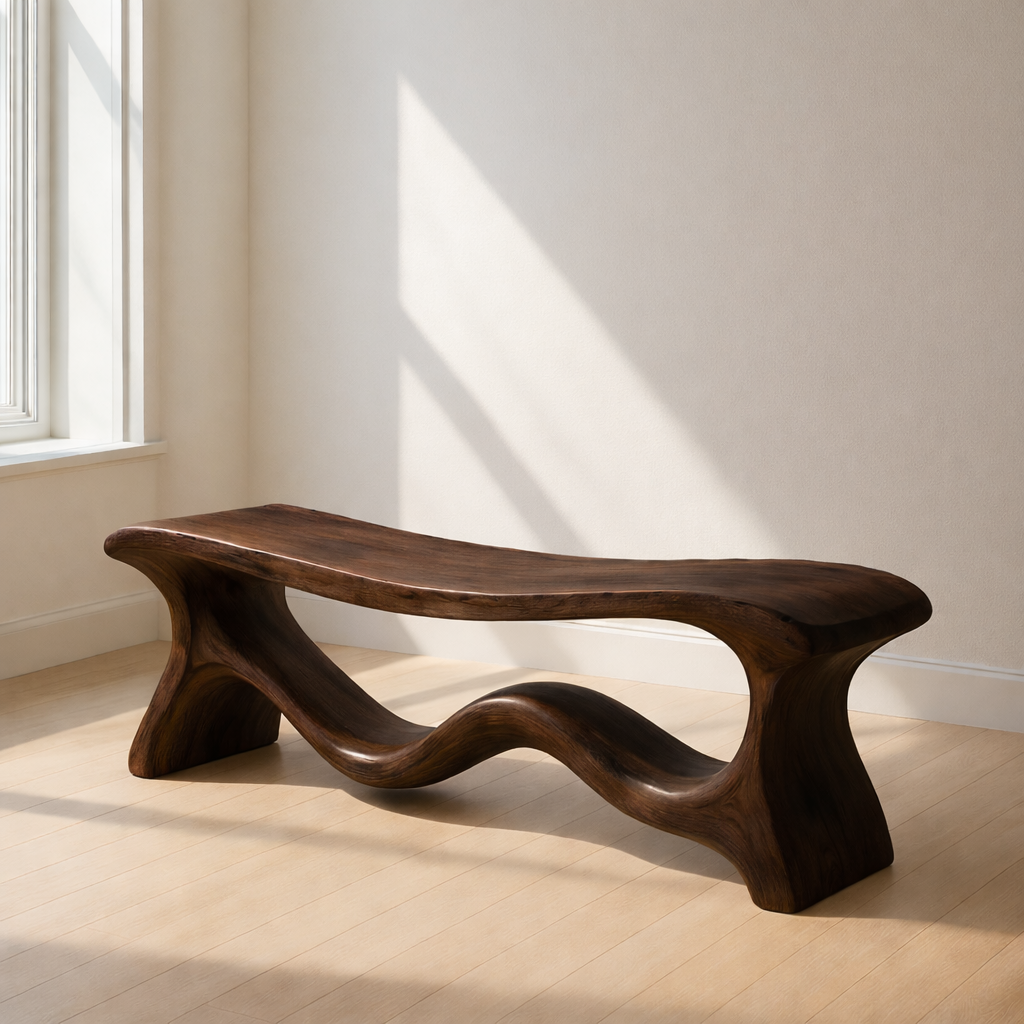Modern Solid Wood Bench with Artistic Wave Base – Minimalist Wooden Bench - view 2 of 7