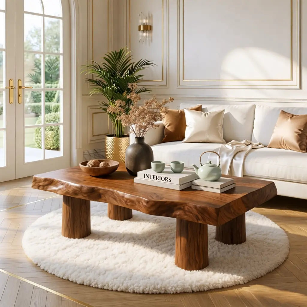 Handcrafted Wooden Coffee Table with Thick Pillar Legs and Natural Finish - view 3 of 7