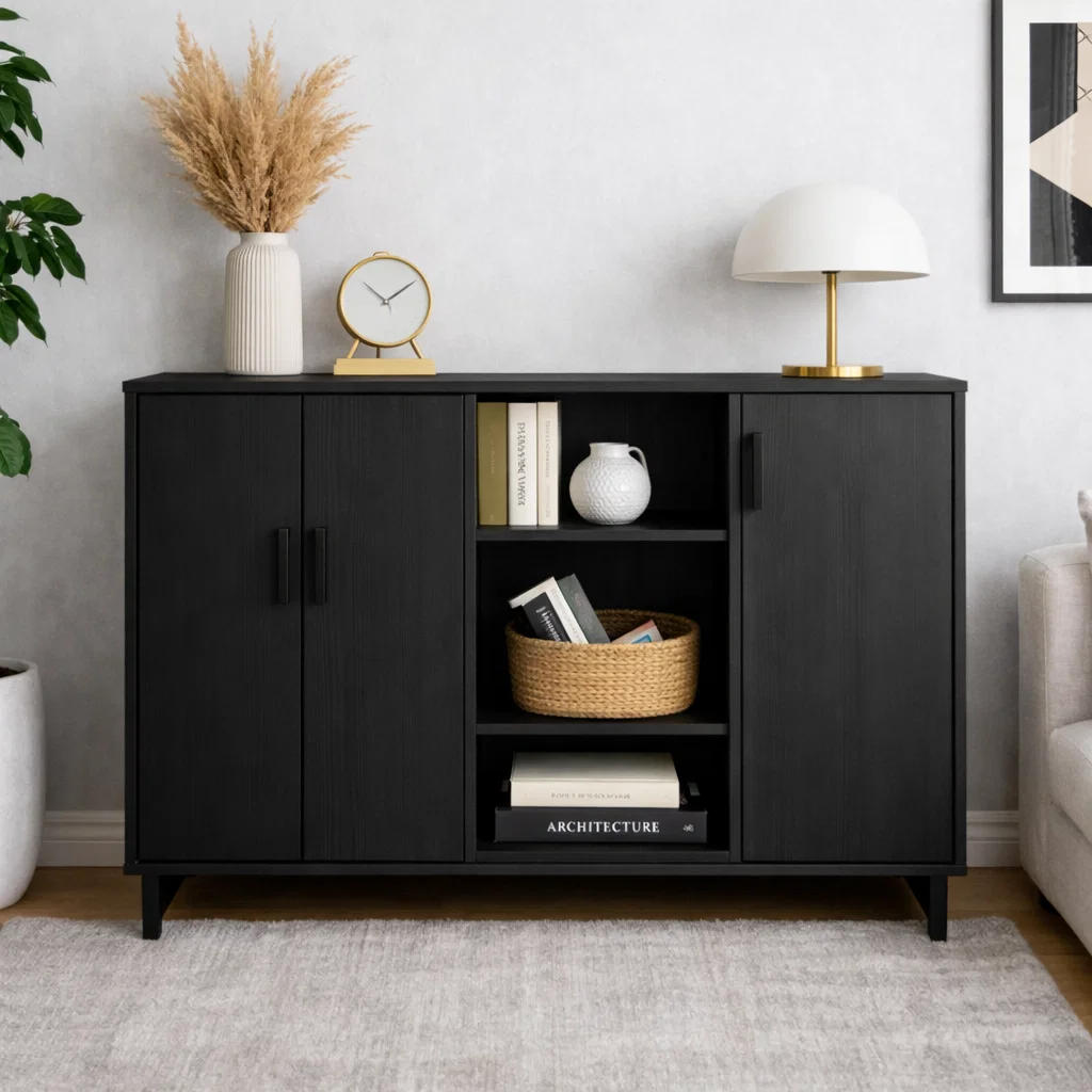 Solid Wood Console Cabinet with Double Doors & Open Shelf Storage – Modern Design - view 4 of 7