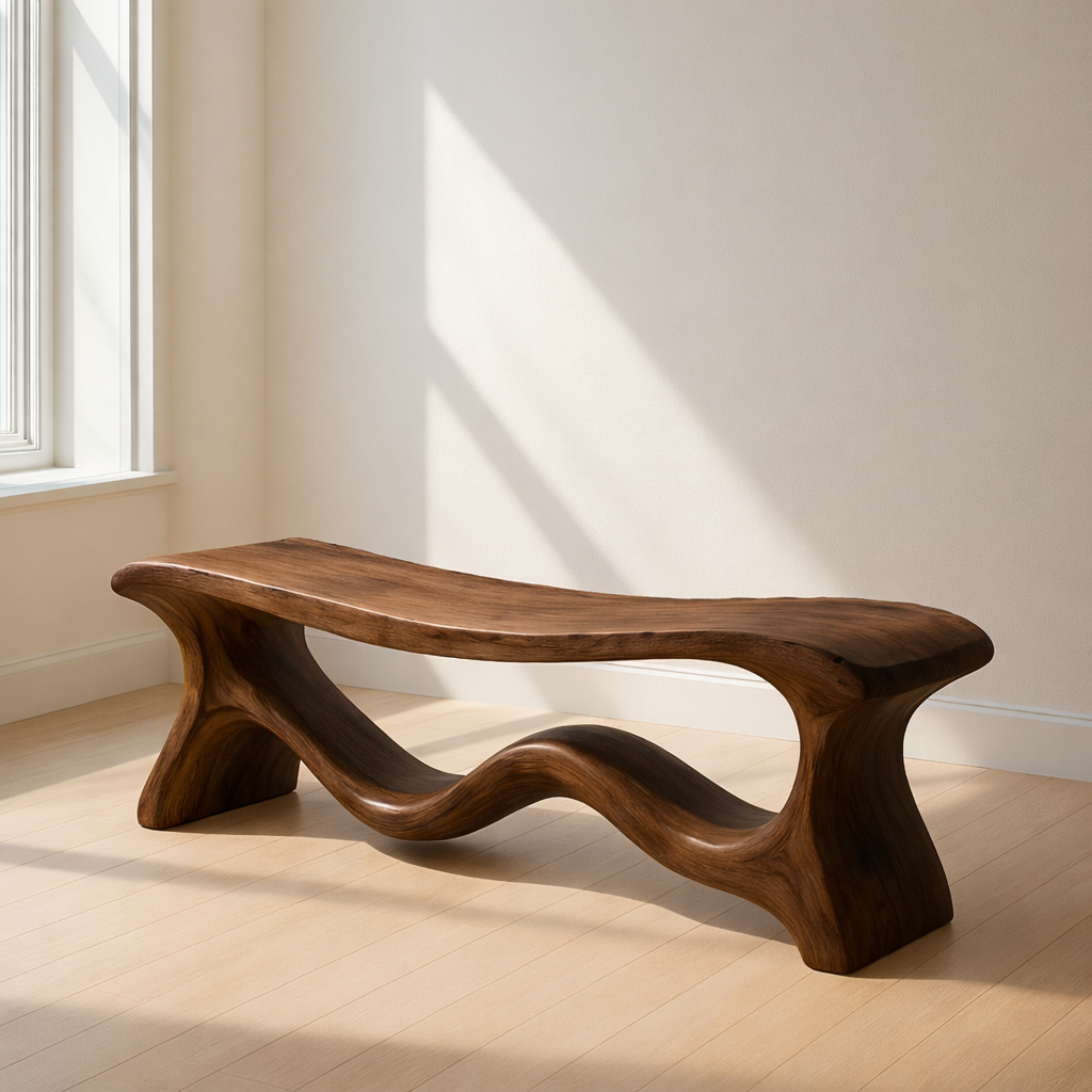 Modern Solid Wood Bench with Artistic Wave Base – Minimalist Wooden Bench - view 3 of 7