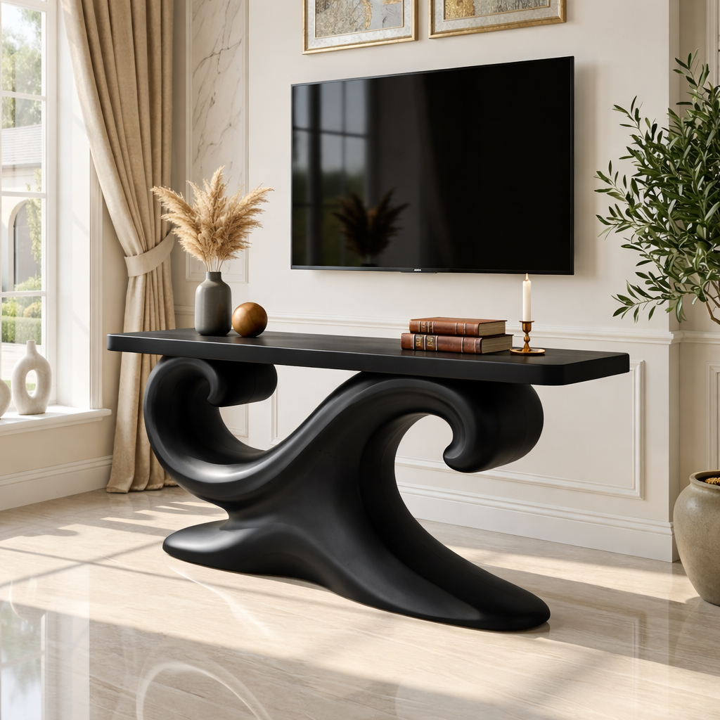 Solid Wood Console Table with Sculpted Curved Base, Artistic Modern Design - view 4 of 7