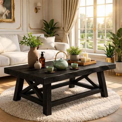 Handcrafted Wooden Coffee Table with X-Shaped Support, Natural Rustic Finish - view 4 of 7