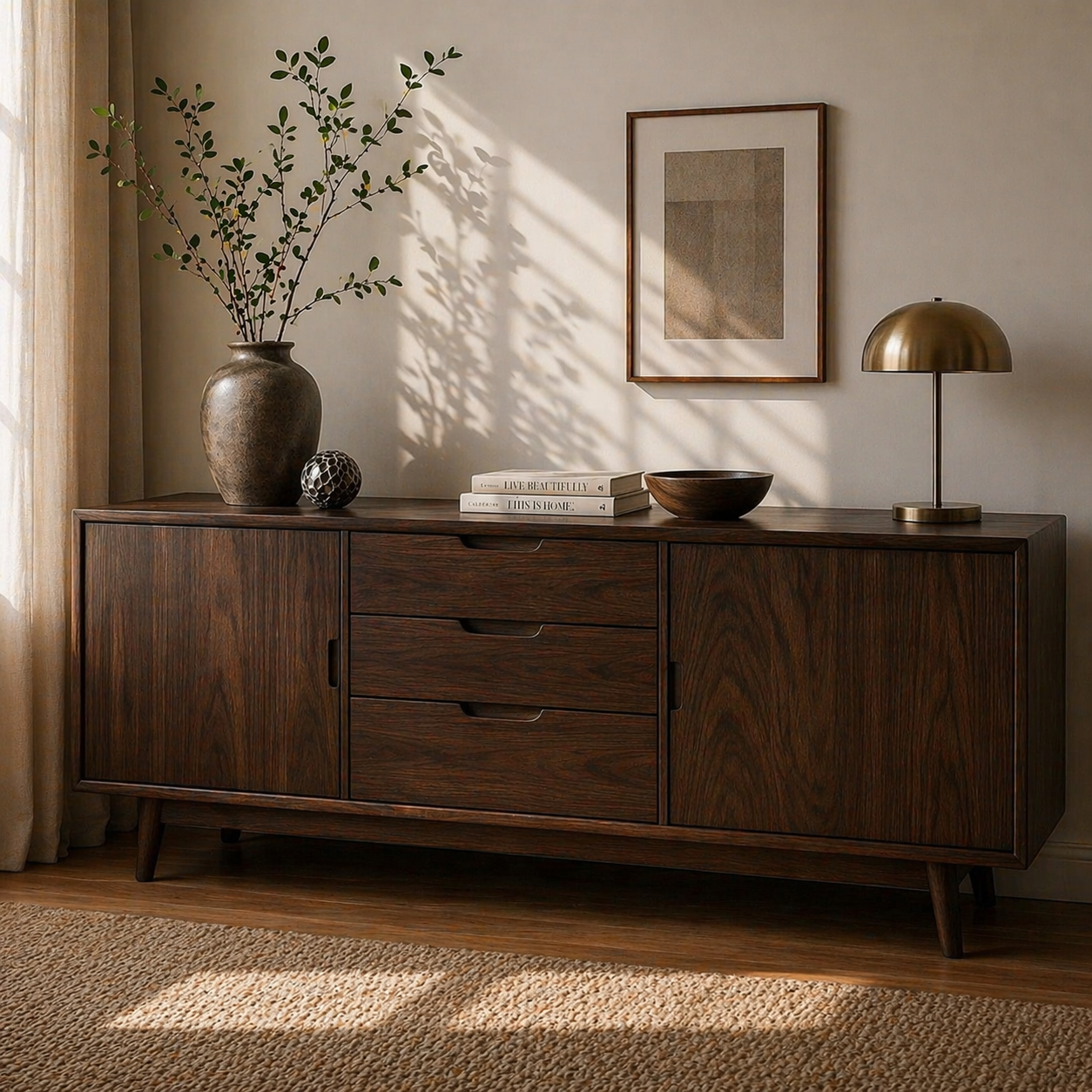 Mid Century Solid Wood Sideboard Cabinet with Drawers & Doors Storage - view 2 of 7