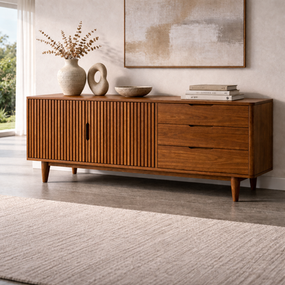 Fluted Solid Wood Console Cabinet with Drawers – Mid Century Storage Sideboard - view 3 of 7