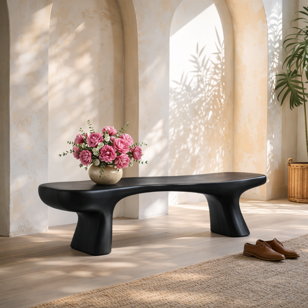 Modern Sculptural Black Wood Bench, Minimalist Statement Seating - view 7 of 7