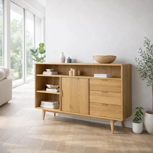 Solid Wood Sideboard Console with Drawers & Shelves – Modern Storage Cabinet - view 1 of 7