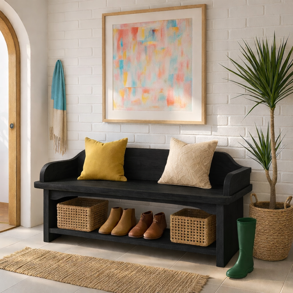Solid Wood Entryway Bench with Armrests and Shoe Shelf Storage - view 7 of 7