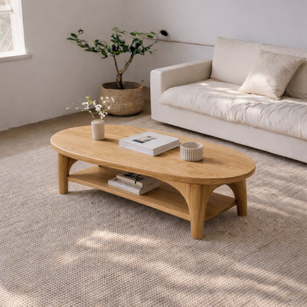 Handcrafted Solid Wood Coffee Table – Oval Modern Center Table with Shelf - view 4 of 7