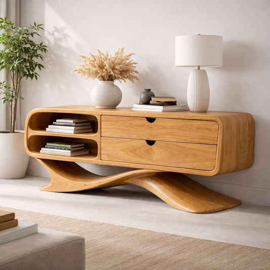 Solid Wood Sculptural Console Cabinet with Drawers & Open Shelf – Modern Curved Base - view 1 of 7